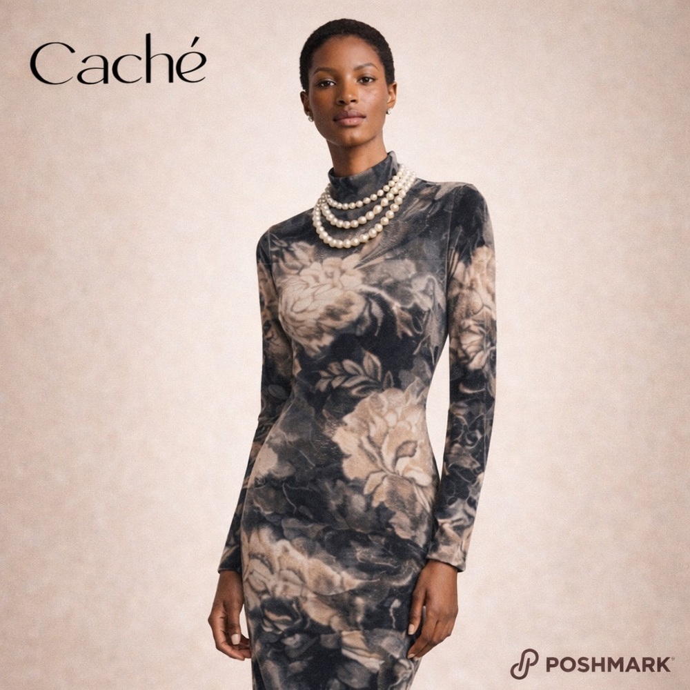 VTG 80s Caché Angora Blend Mock Neck Floral Bodycon  Sweater Dress USA Size M